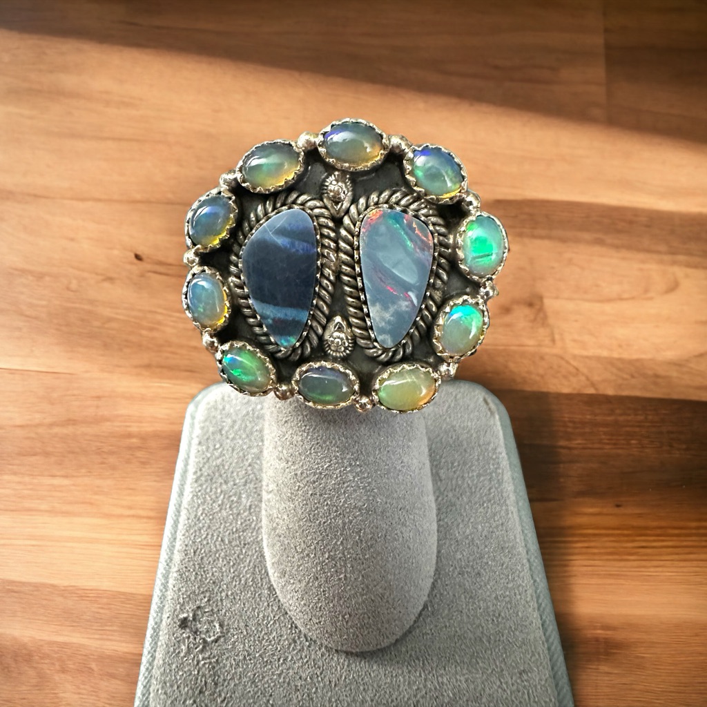 Two Stunning Blue Opals Center & Ethiopian Opals Ring In Solid Sterling Silver